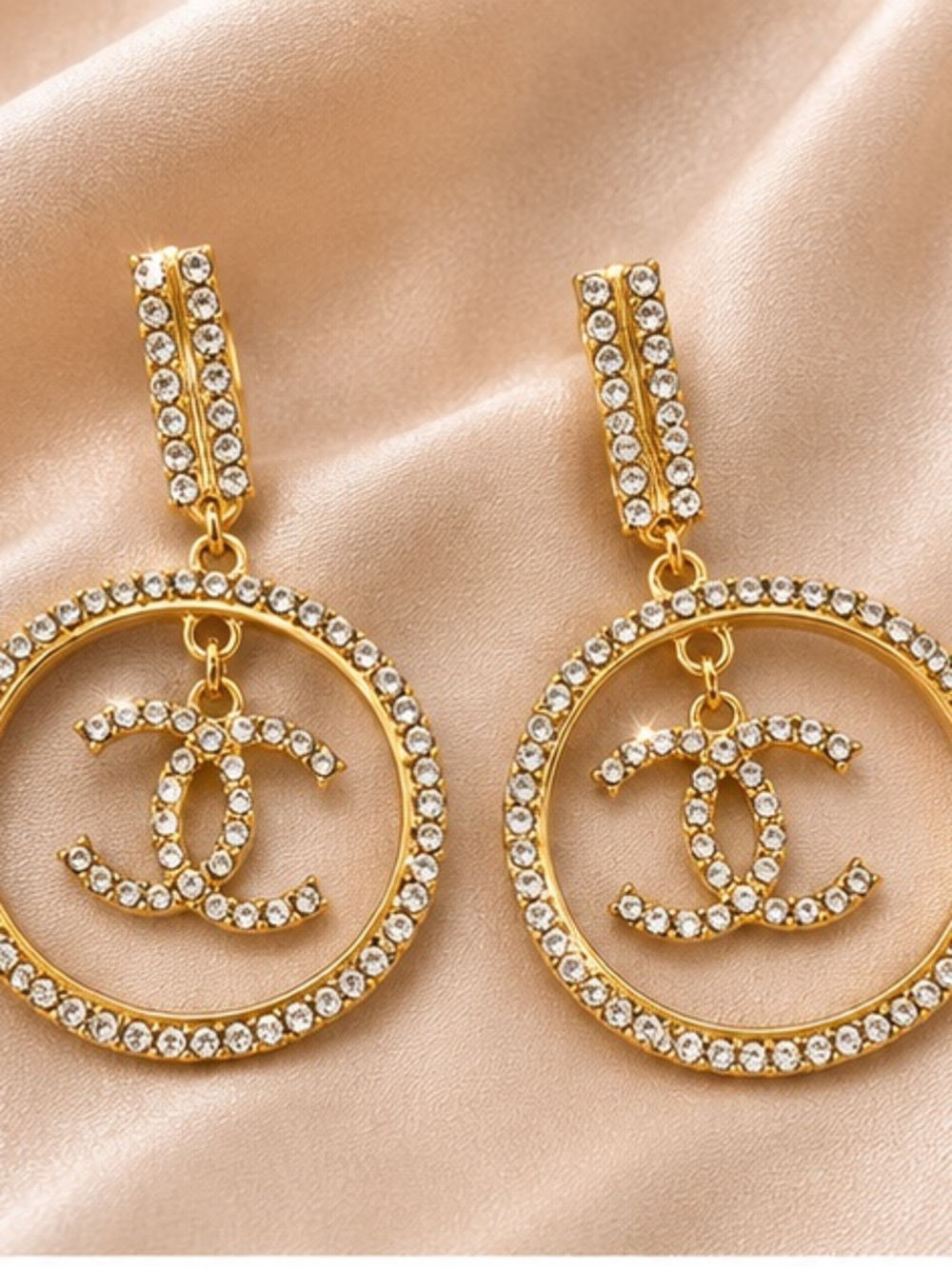 Designer Inspired Gold Crystal Logo Hoop Drop Earrings
